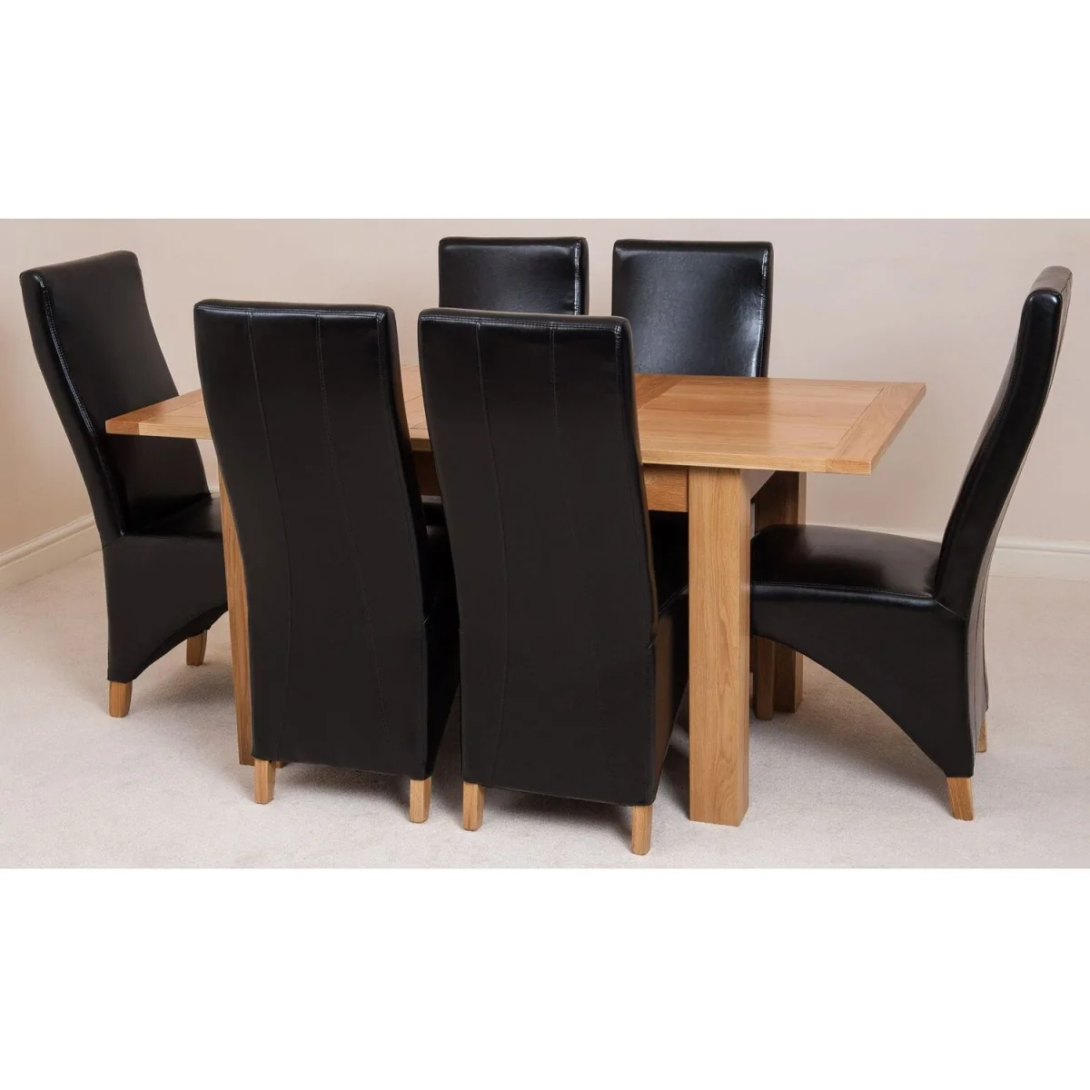 Hampton 120-160cm Oak Extending Dining Table and 6 Lola Leather Chairs - Black – image 35
