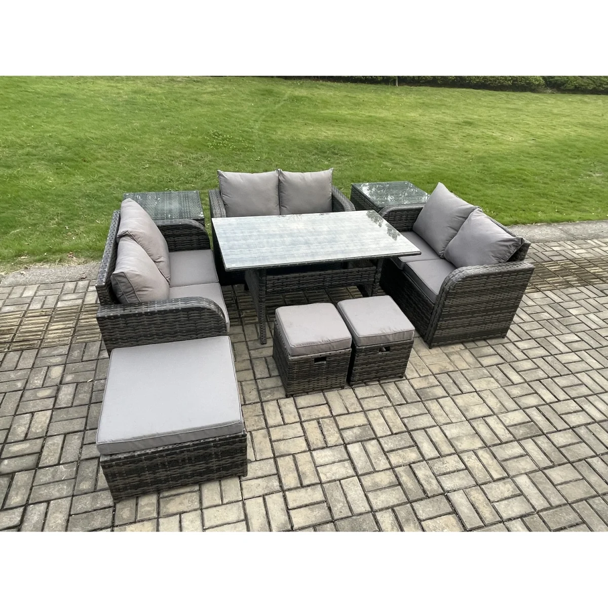 Fimous Rattan 9-Piece Dining Set with Love Sofa & Side Tables - Dark Grey – image 3