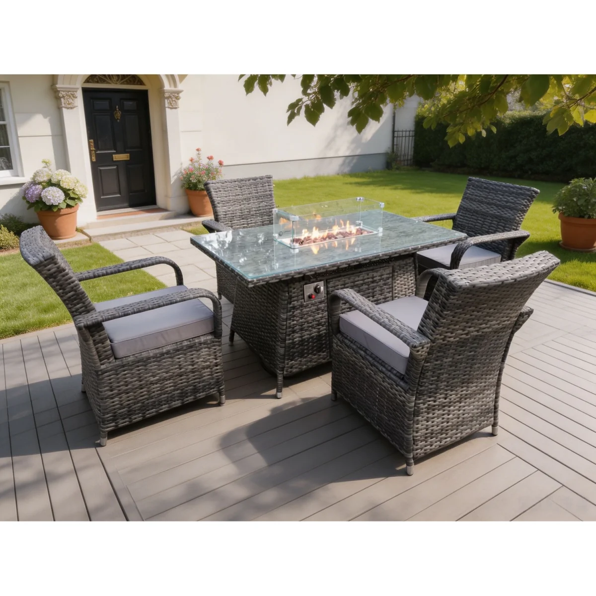 Rattan 4 Seater Gas Fire Pit Dining Set Rectangular Table - Dark Grey Mixed – image 2