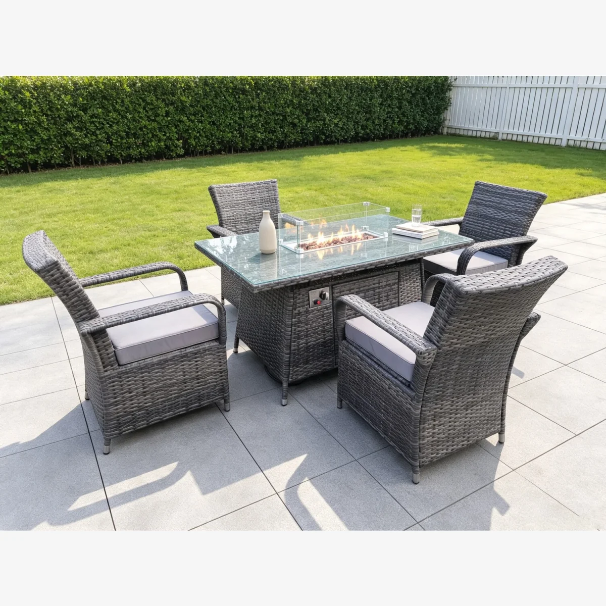 Rattan 4 Seater Gas Fire Pit Dining Set Rectangular Table - Dark Grey Mixed – image 1