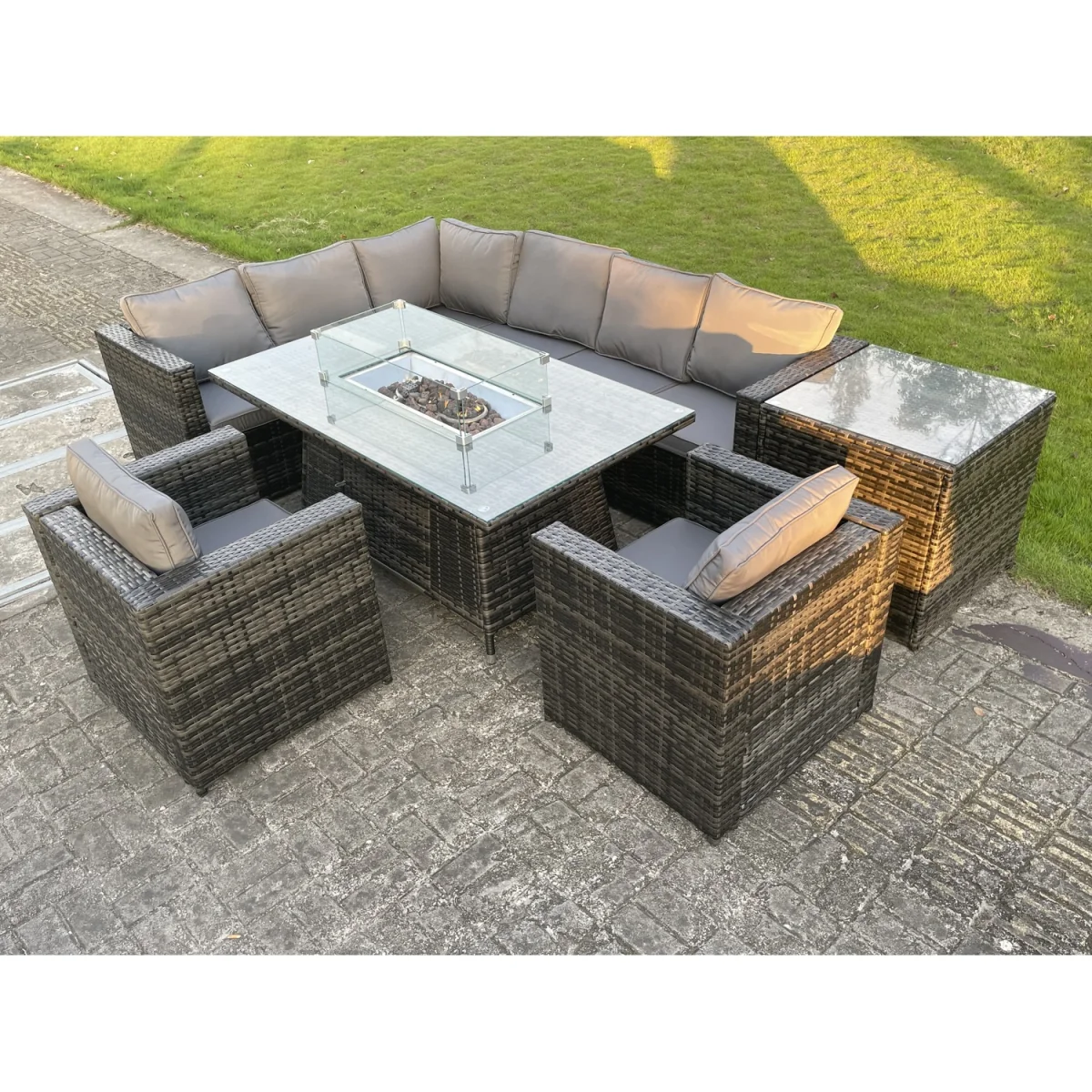 Rattan 8 Seater Gas Fire Pit Corner Dining Set Side Table Chairs - Dark Grey Mixed – image 2