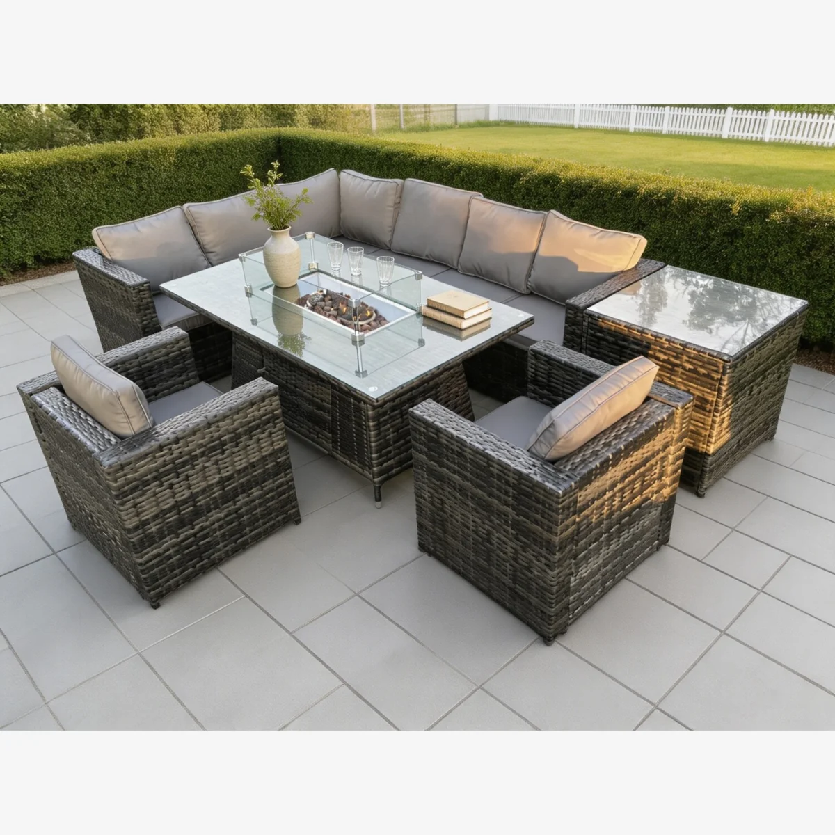 Rattan 8 Seater Gas Fire Pit Corner Dining Set Side Table Chairs - Dark Grey Mixed – image 1