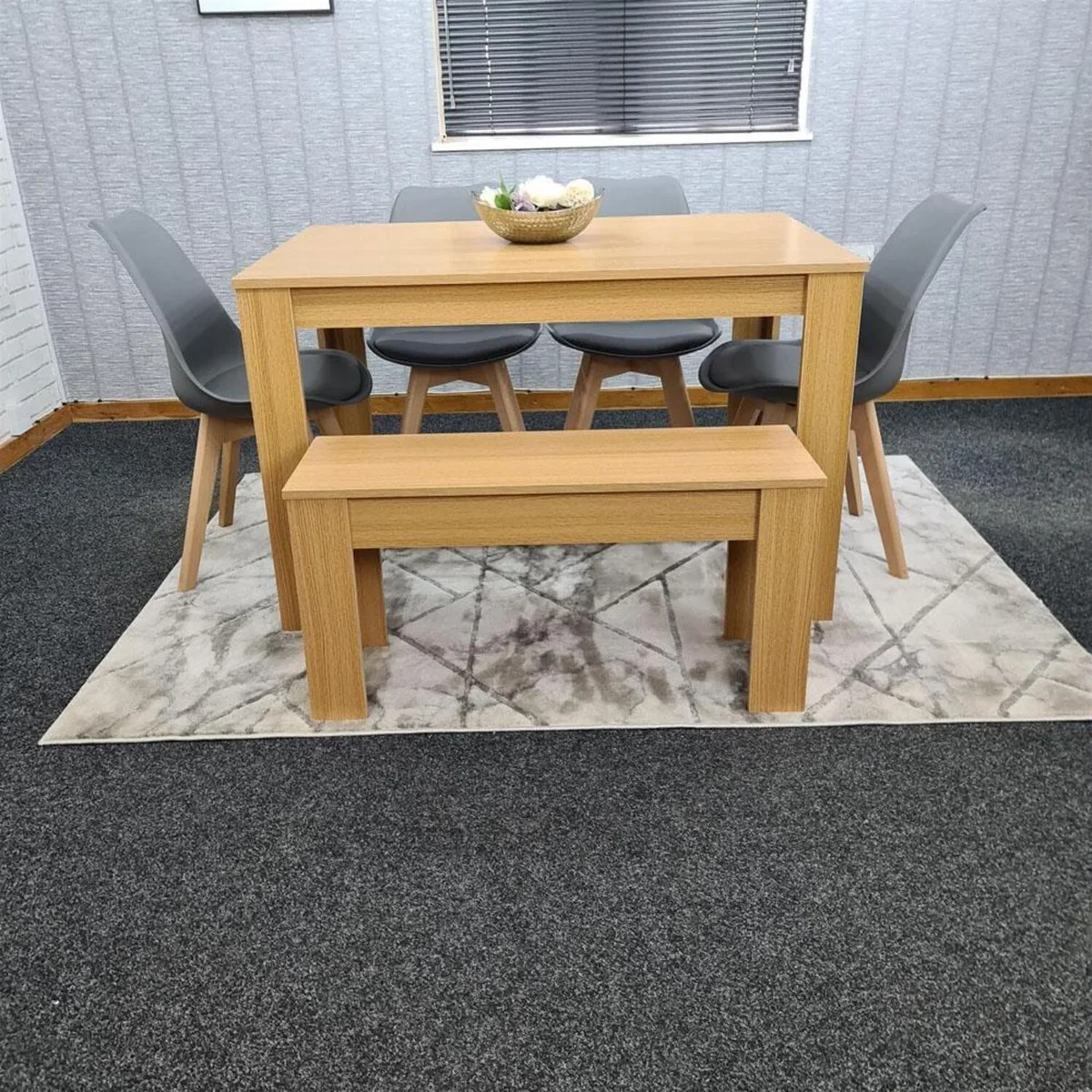 KOSY KOALA 6 Seater Modern Light Wood Dining Table Set with 4 Grey Plastic Tulip Chairs and Bench H75 x L140 x W80 cm