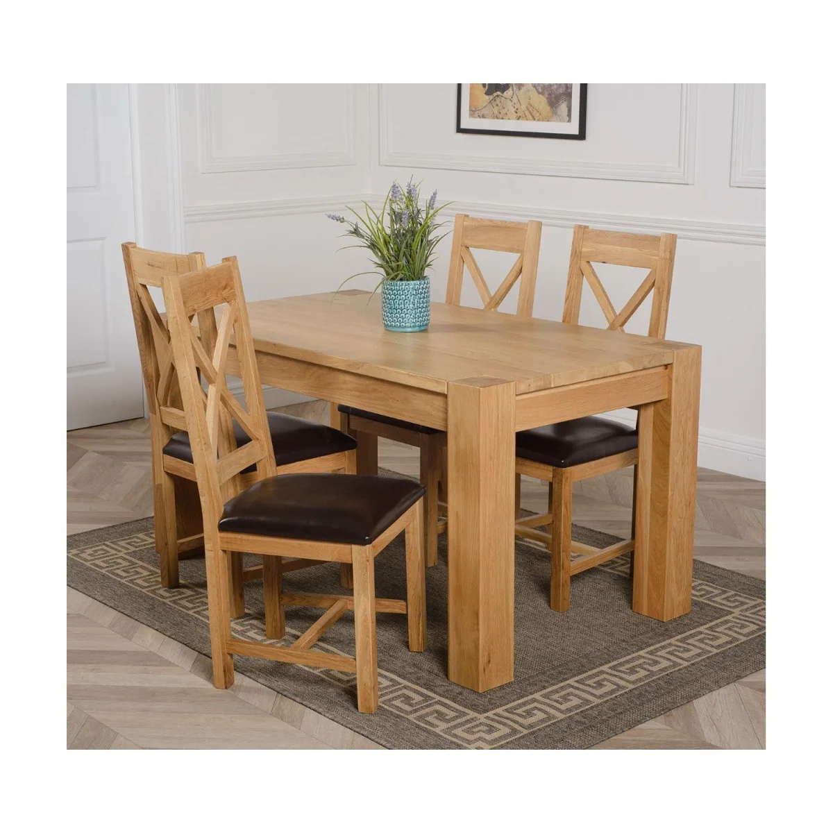 Kuba 150x85 cm Chunky Medium Oak Dining Table and 4 Berkeley Leather Chairs - Brown – image 11