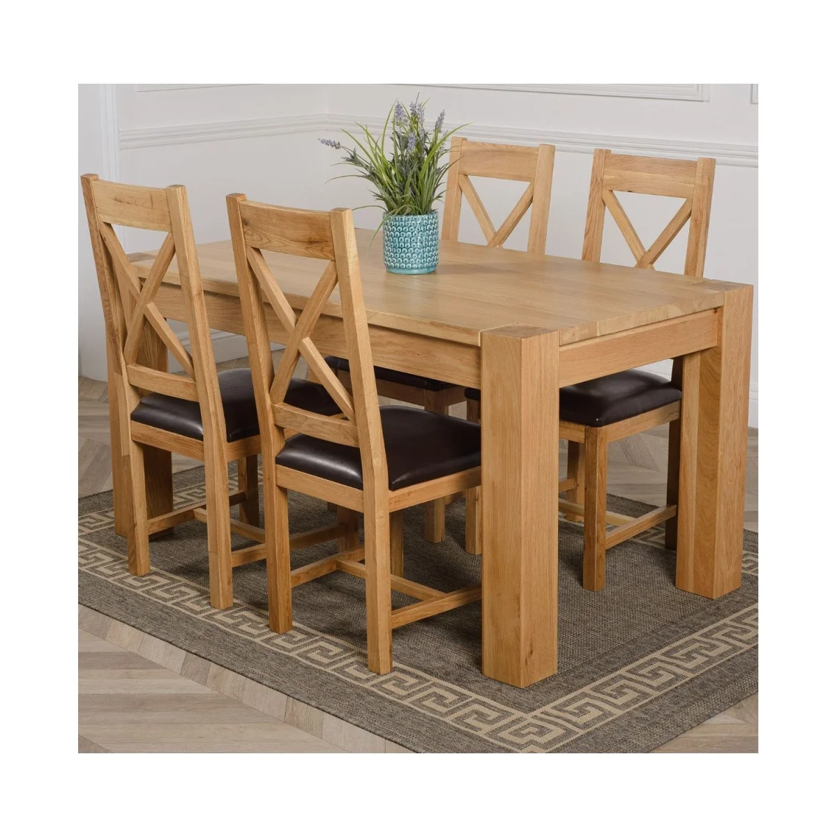 Kuba 150x85 cm Chunky Medium Oak Dining Table and 4 Berkeley Leather Chairs - Brown – image 9