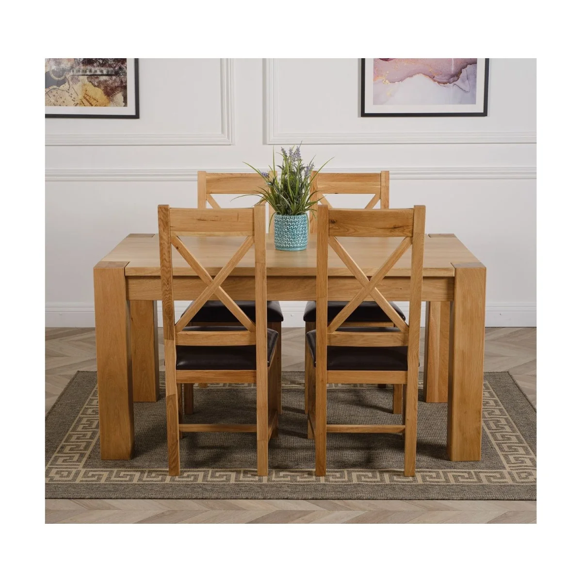 Kuba 150x85 cm Chunky Medium Oak Dining Table and 4 Berkeley Leather Chairs - Brown – image 10