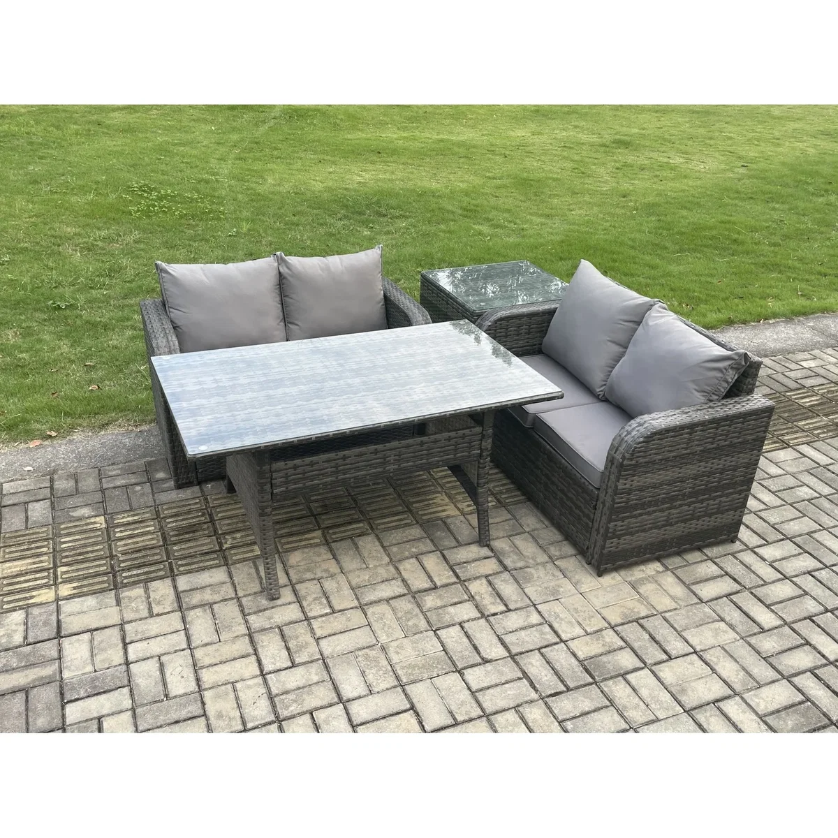 Fimous 4-Seater Rattan Loveseat Dining Set with Side Table - Dark Grey – image 3