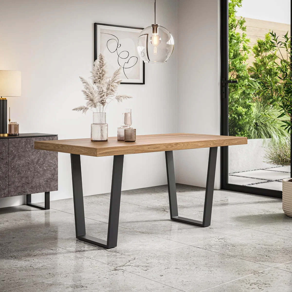Aria Oak Effect Top Rectangle Dining Table & 4 Raye Velvet Chairs - Mustard – image 2