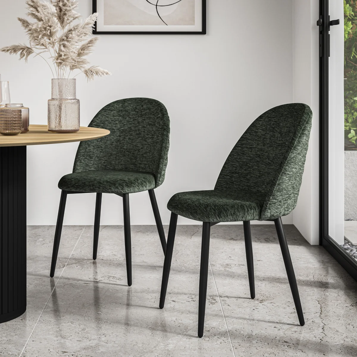 Malvern Glass Top With Oak Leg Round Dining Table & 4 Raye Velvet Chairs - Green – image 6