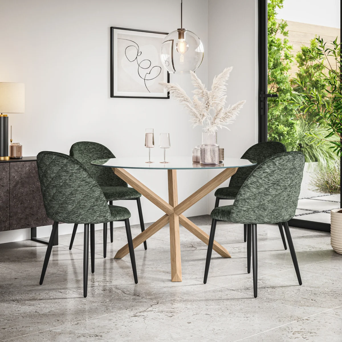 Malvern Glass Top With Oak Leg Round Dining Table & 4 Raye Velvet Chairs - Green – image 1