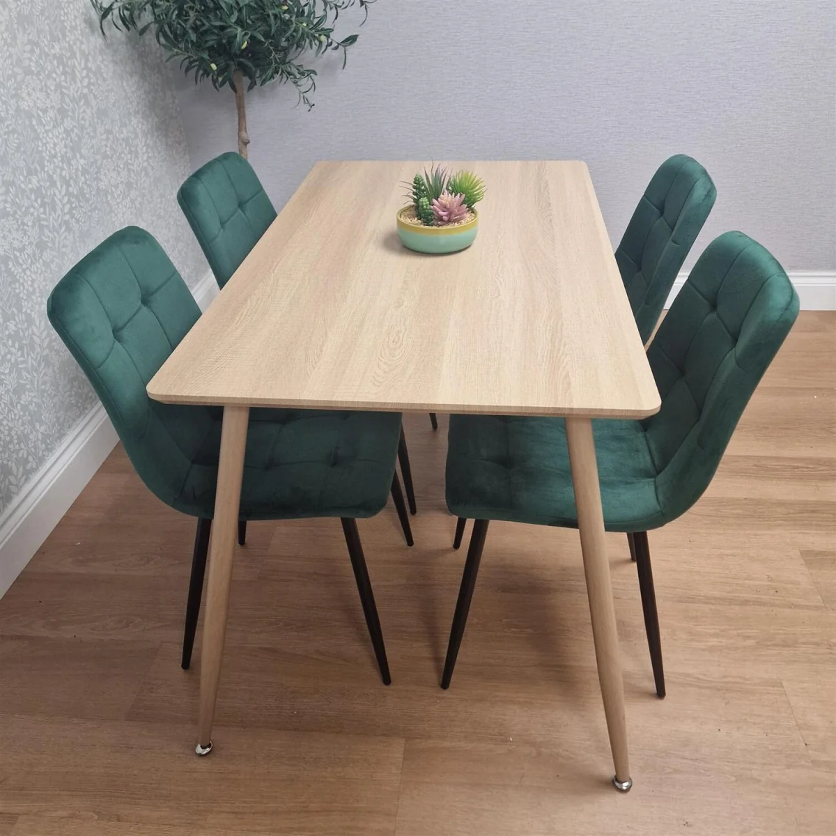 Modern Wood Effect Dining Table Set With 4 Green Velvet Chairs Dining Room Furniture - Brown – image 4