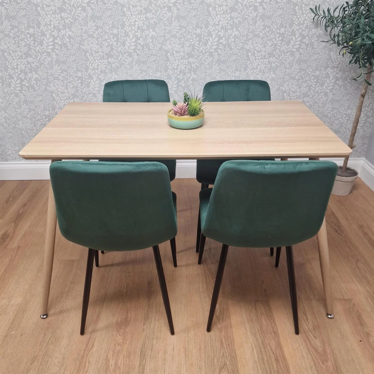 Modern Wood Effect Dining Table Set With 4 Green Velvet Chairs Dining Room Furniture - Brown – image 5