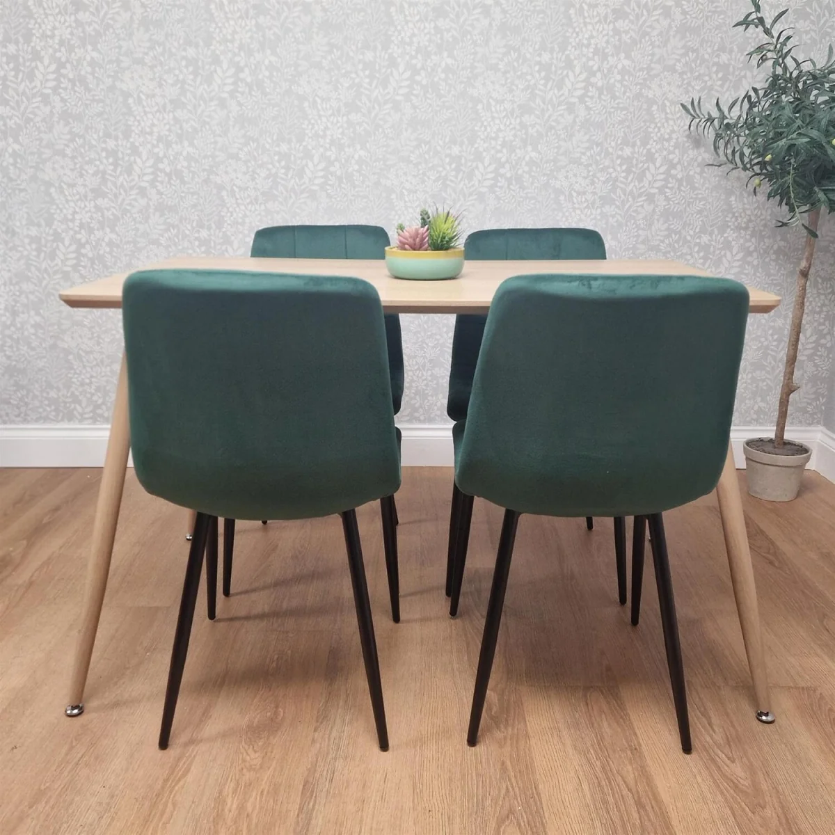 Modern Wood Effect Dining Table Set With 4 Green Velvet Chairs Dining Room Furniture - Brown – image 6