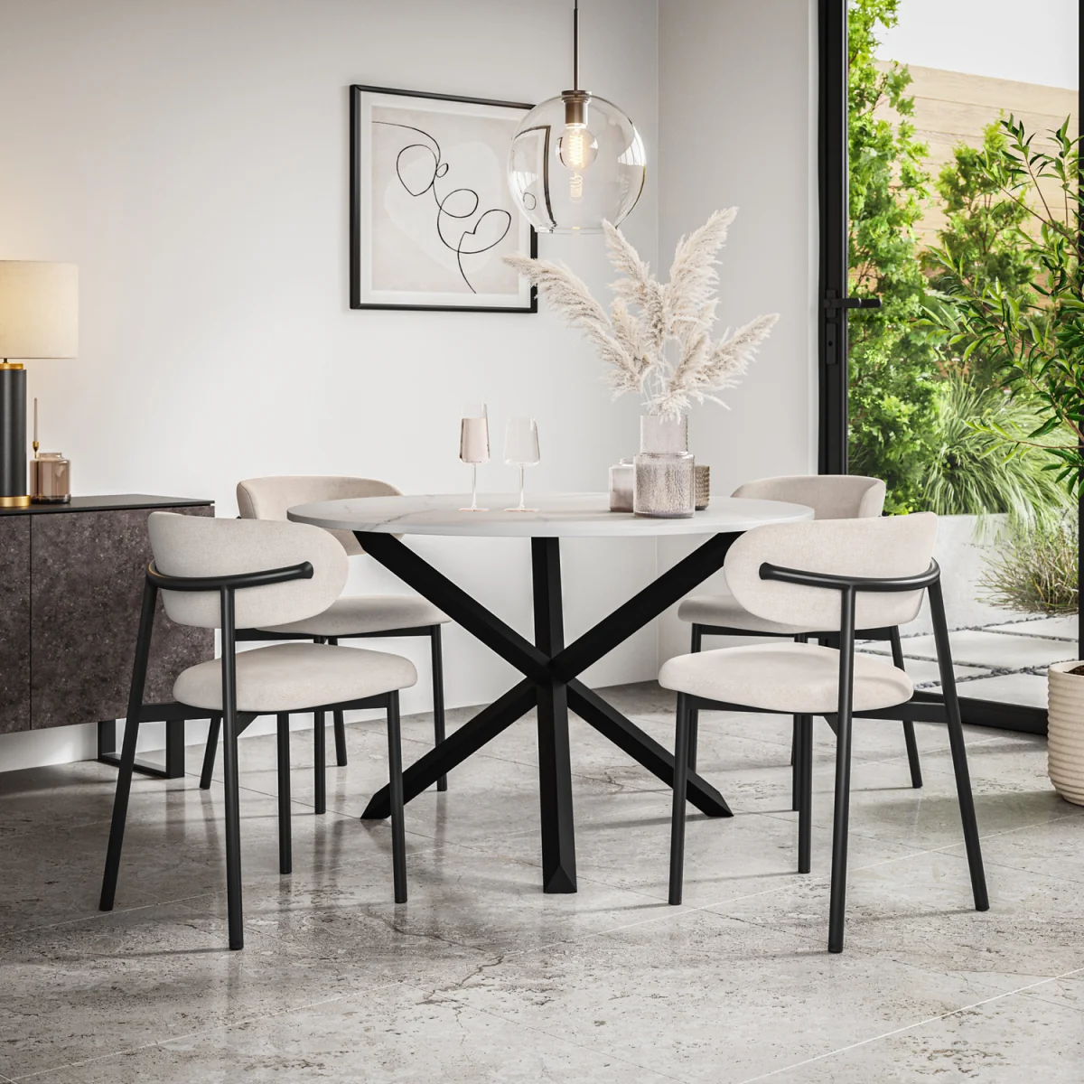 Malvern Marble Effect Top Dining Table & 4 Myla Linen Chairs - Black – image 1