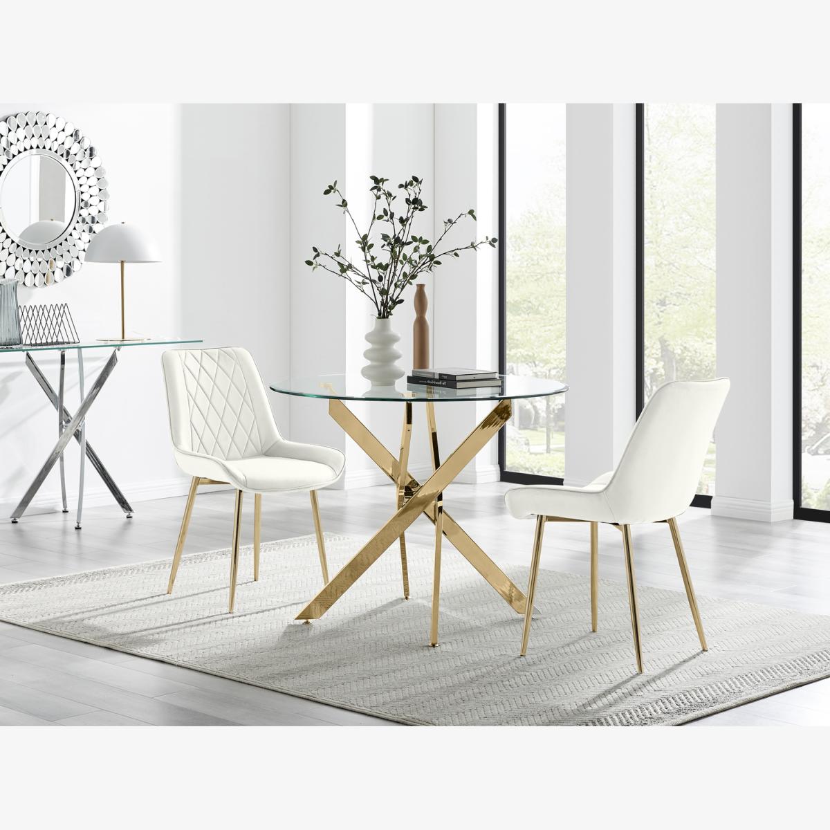 Novara 100cm Round Gold Leg Kitchen Dining Table And 2 Pesaro Gold Leg Chairs - Cream