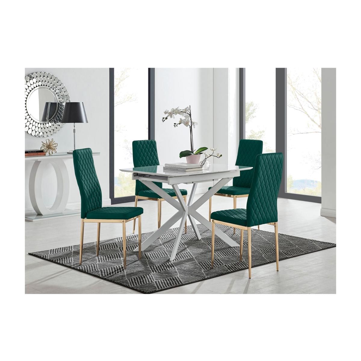LIRA 100 Extending Dining Table and 4 Velvet Milan Gold Leg Chairs - Green