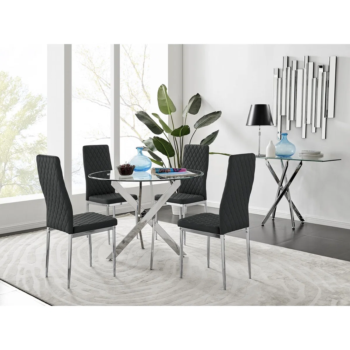 Novara Round Chrome Metal  Glass Dining Table  4 Milan Dining Chairs Set - Yellow – image 2