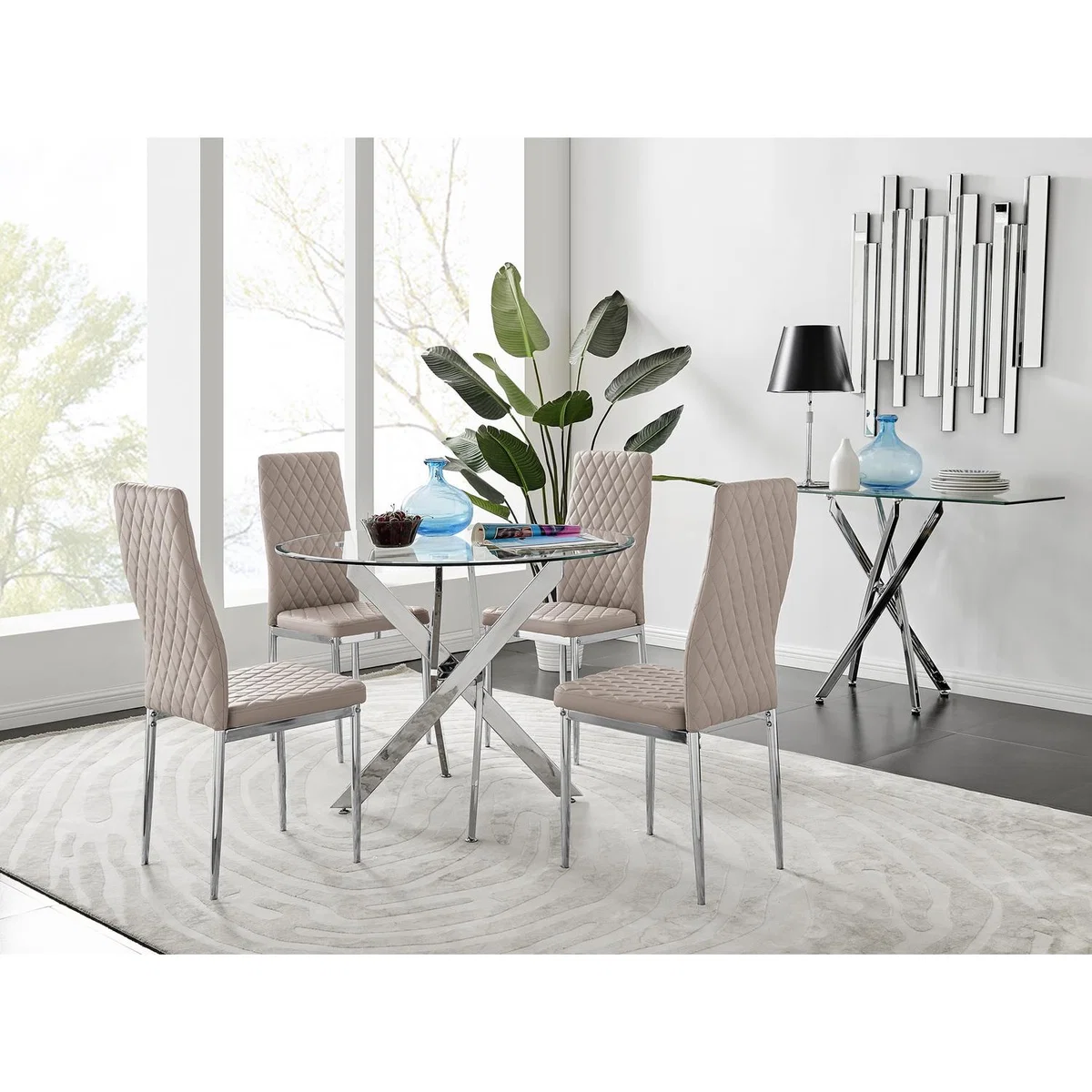 Novara Round Chrome Metal  Glass Dining Table  4 Milan Dining Chairs Set - Yellow – image 3