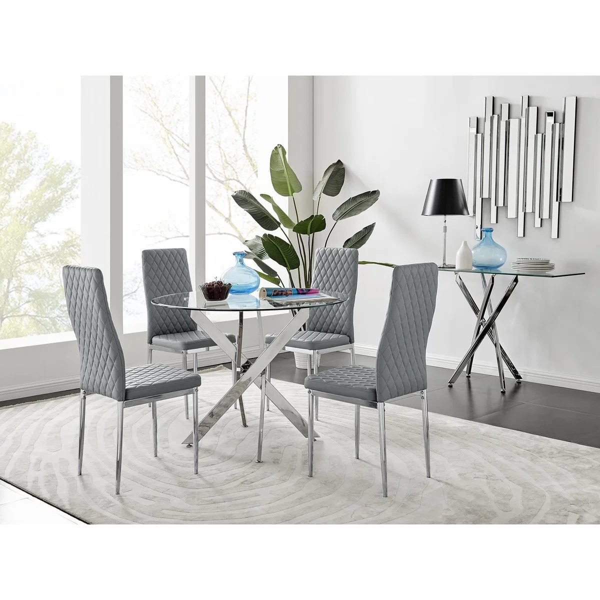 Novara Round Chrome Metal  Glass Dining Table  4 Milan Dining Chairs Set - Yellow – image 4