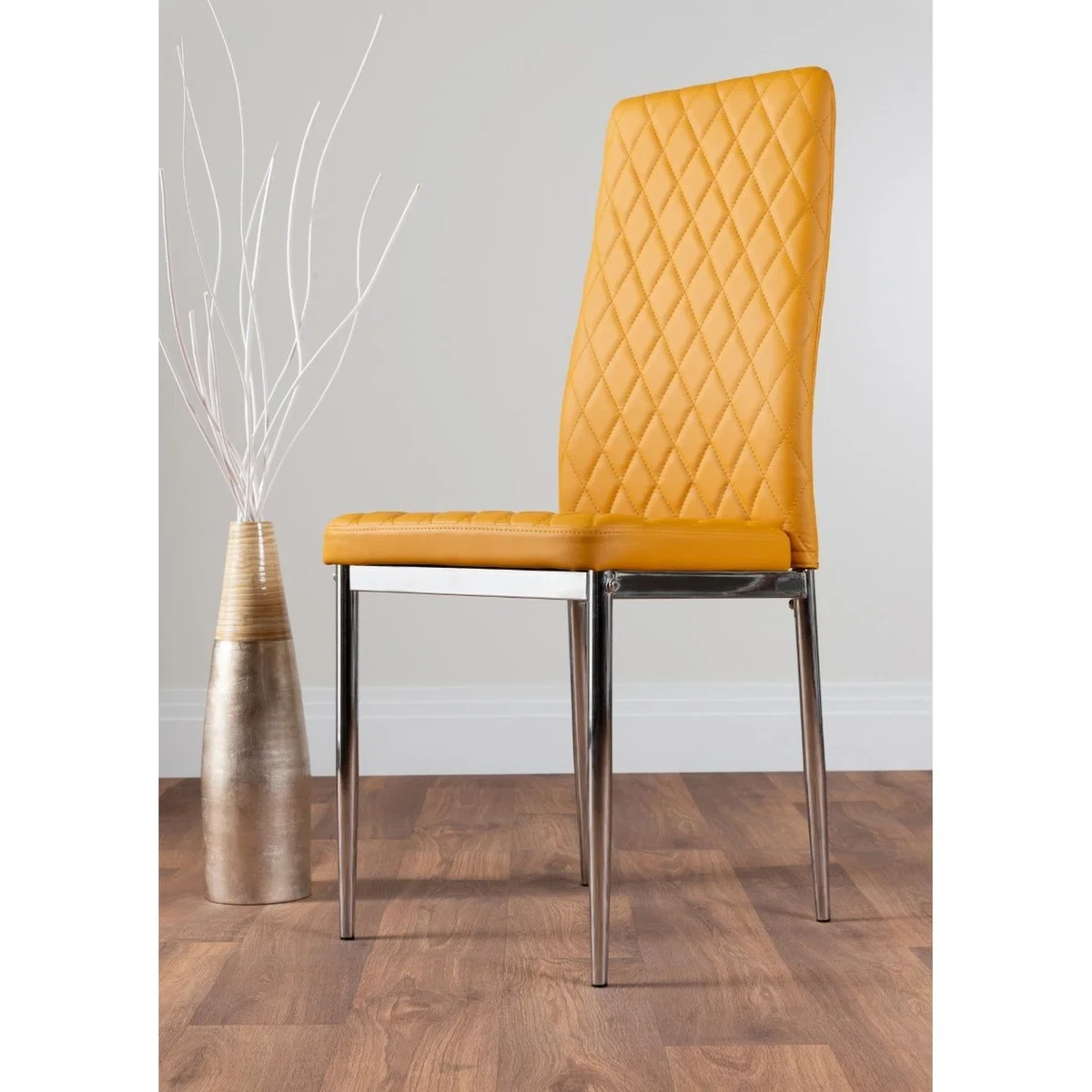 Novara Round Chrome Metal  Glass Dining Table  4 Milan Dining Chairs Set - Yellow – image 34