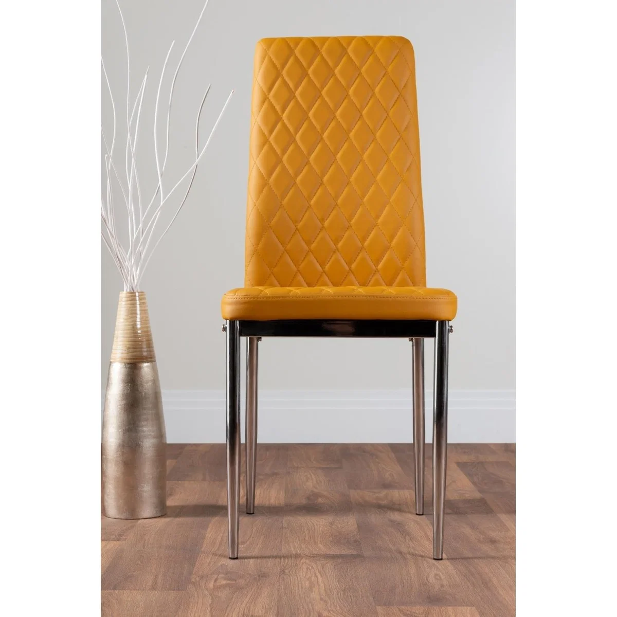 Novara Round Chrome Metal  Glass Dining Table  4 Milan Dining Chairs Set - Yellow – image 35