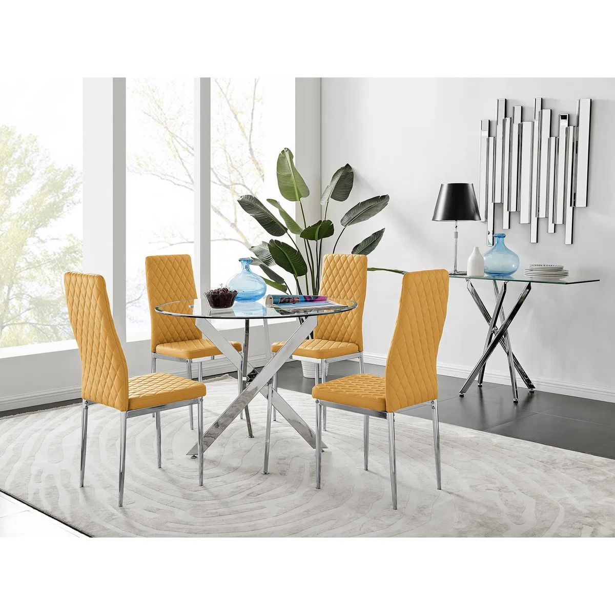 Novara Round Chrome Metal  Glass Dining Table  4 Milan Dining Chairs Set - Yellow – image 5