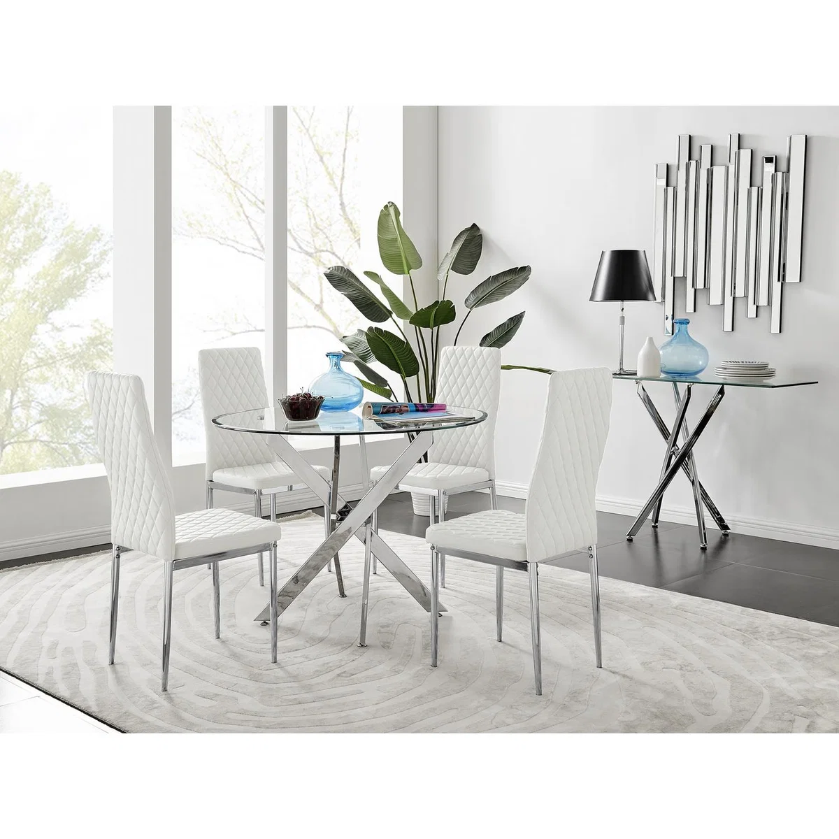 Novara Round Chrome Metal  Glass Dining Table  4 Milan Dining Chairs Set - Yellow – image 6