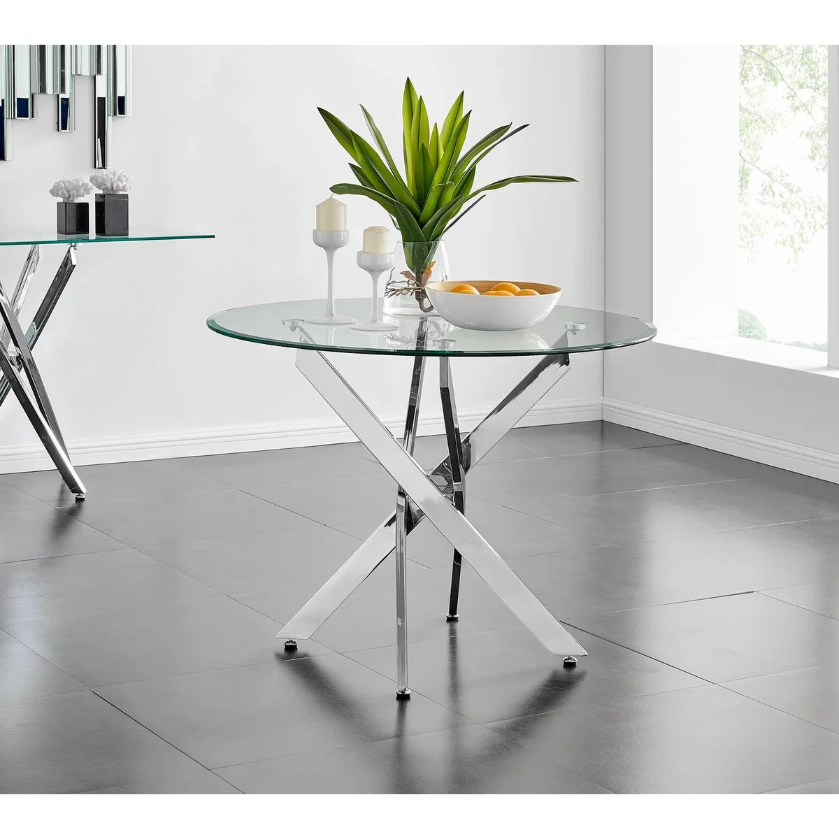 Novara Round Chrome Metal  Glass Dining Table  4 Milan Dining Chairs Set - Yellow – image 7