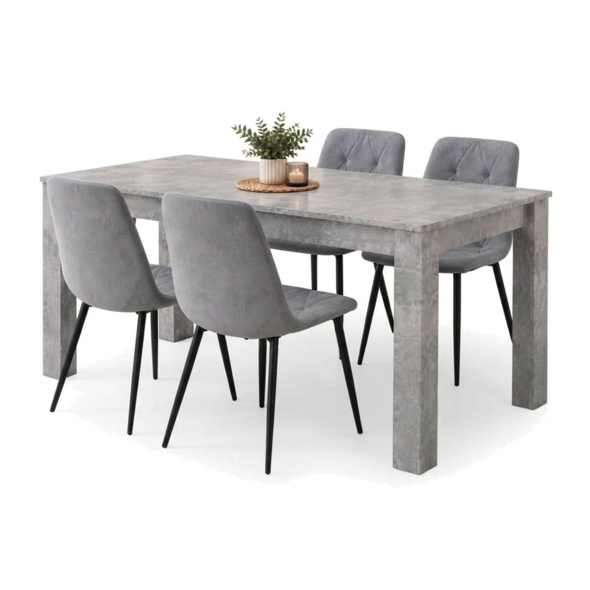 Stone Grey Effect Dining Table and 4 Light Grey Diamond Stitch Velvet Chairs with Black Metal Legs - Light Grey – image 1