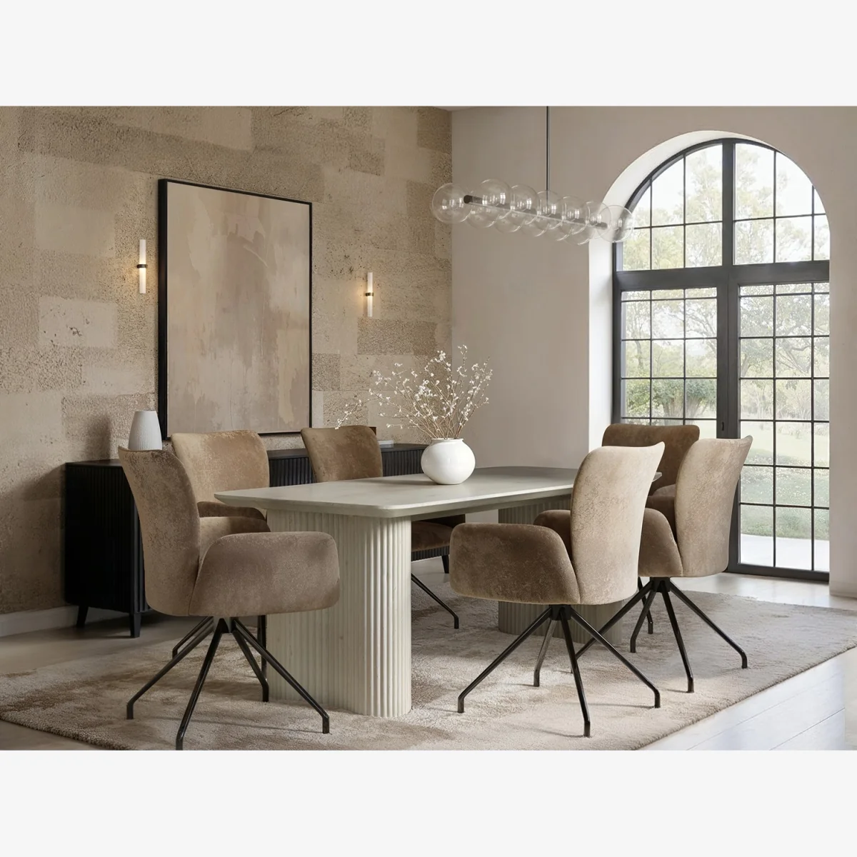 Zoya Dining Table with 6 Kora Chairs Set - Beige + Brown