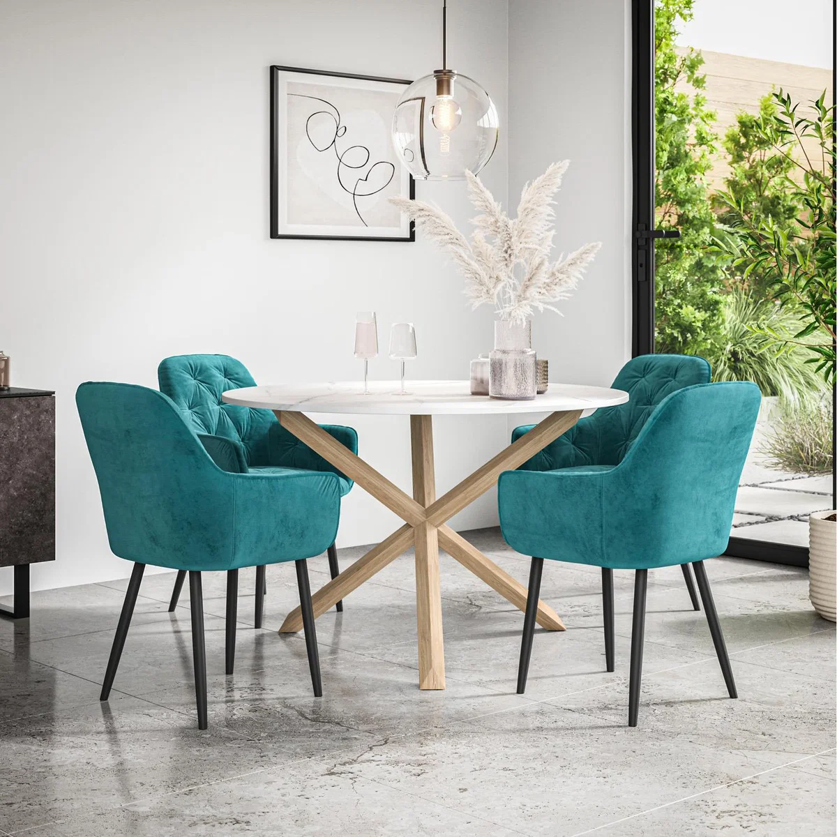 Malvern Round Marble Effect Dining Table Set w Oak Legs w 4 Anika Velvet Chairs - Blue