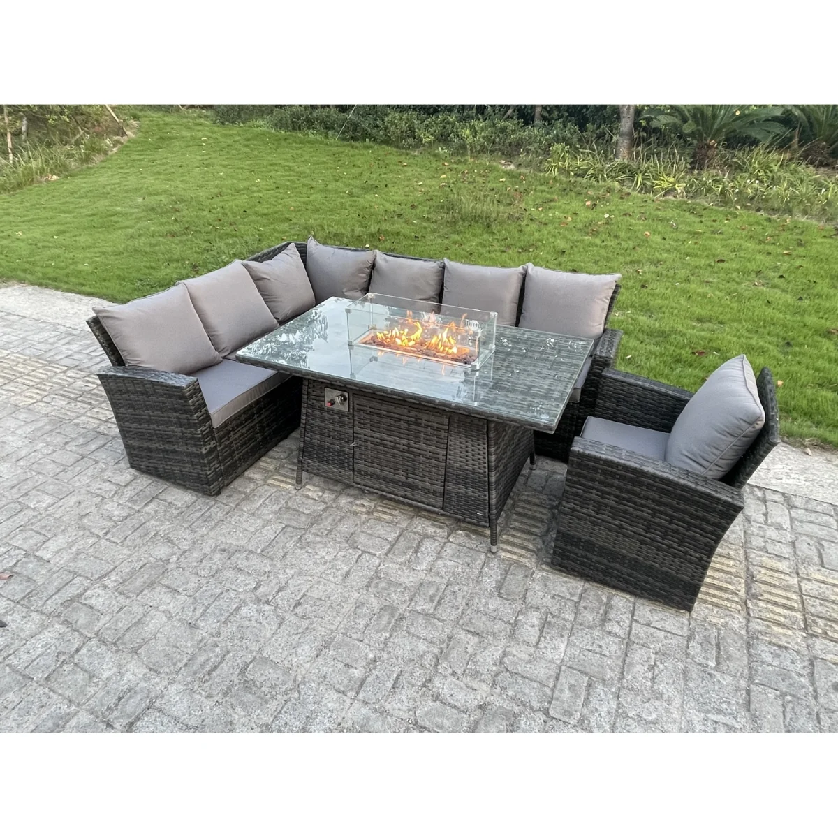 Rattan 7 Seater Gas Fire Pit Corner Sofa Dining Set Chair - Dark Grey Mixed – image 2