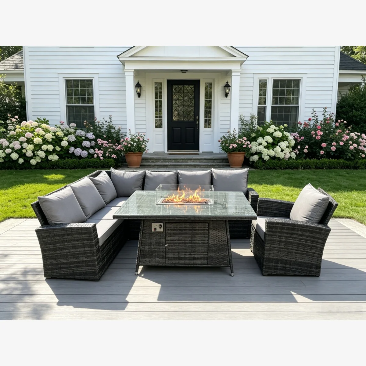 Rattan 7 Seater Gas Fire Pit Corner Sofa Dining Set Chair - Dark Grey Mixed – image 1