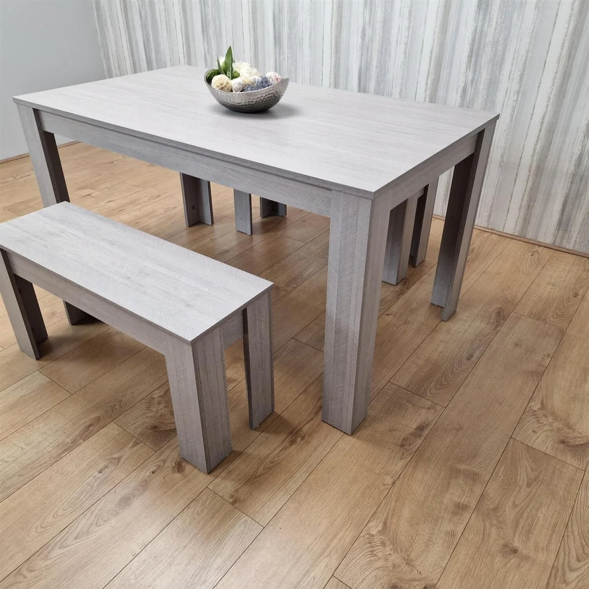 Modern Rectangle Grey Dining Table Set With 2 Benches Dining Room Furniture - Brown – image 2