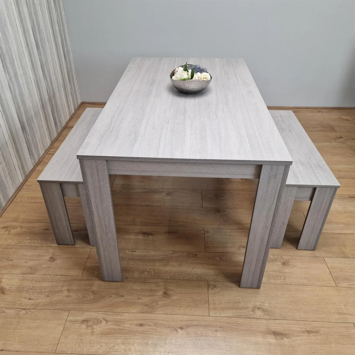Modern Rectangle Grey Dining Table Set With 2 Benches Dining Room Furniture - Brown – image 3