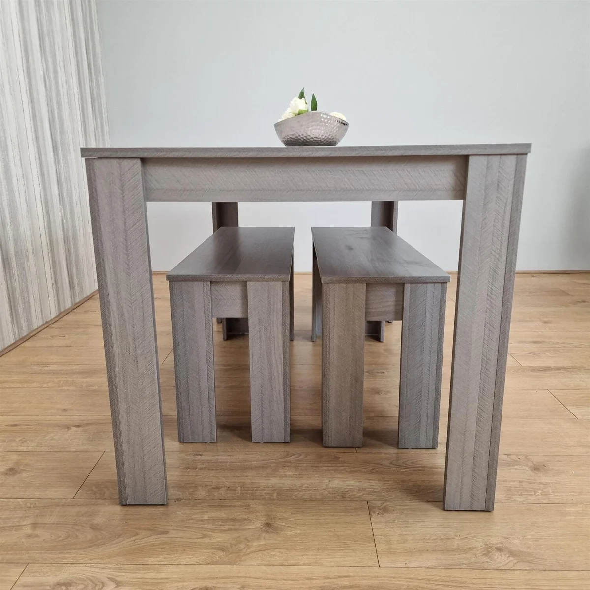 Modern Rectangle Grey Dining Table Set With 2 Benches Dining Room Furniture - Brown – image 4