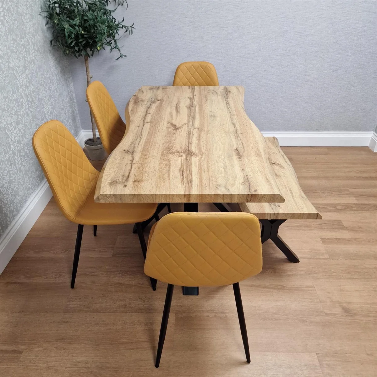Modern Dining Table with 4 Mustard Gem Faux Leather Chairs and 1 Bench - Brown – image 2