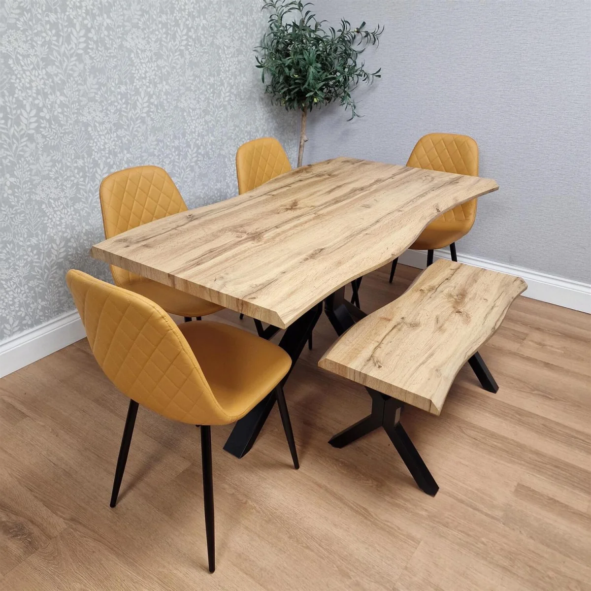 Modern Dining Table with 4 Mustard Gem Faux Leather Chairs and 1 Bench - Brown – image 3