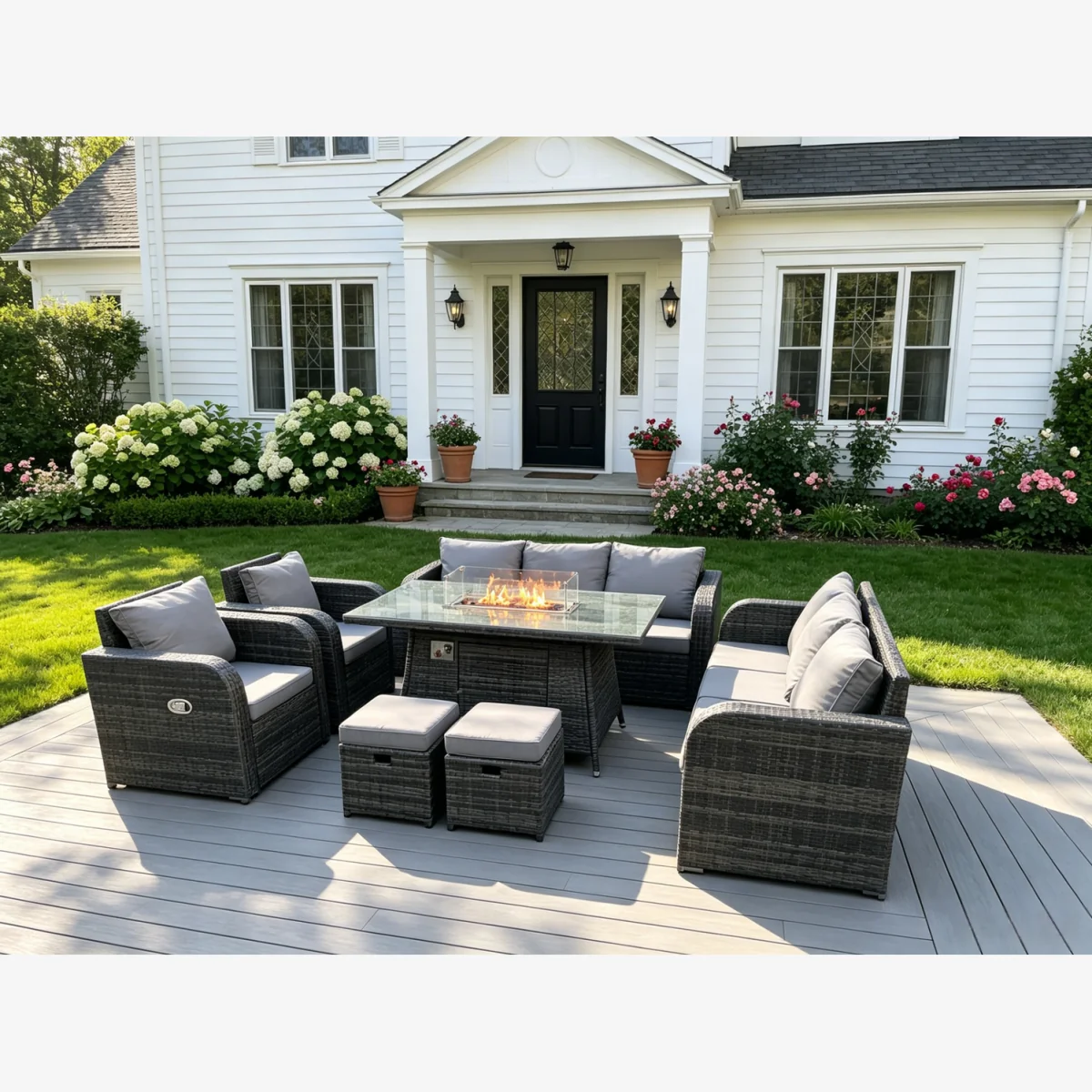 Rattan 10 Seater Gas Fire Pit Sofa Dining Set Reclining Chairs Stools - Dark Grey Mixed