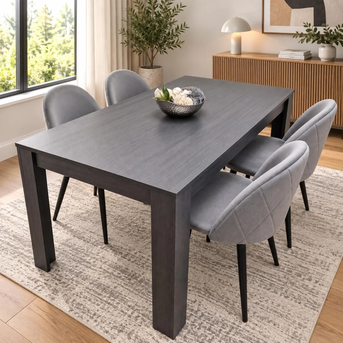 Dark Grey Arrow Pattern Dining Table Set with 4 Grey Velvet Chairs, 117x77x75cm - Brown – image 1