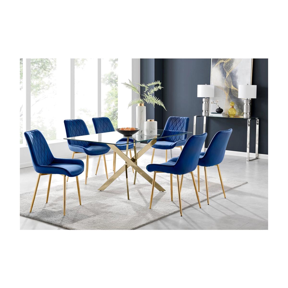 Leonardo 6 Gold Dining Table and 6 Pesaro Gold Leg Chairs - Blue – image 1