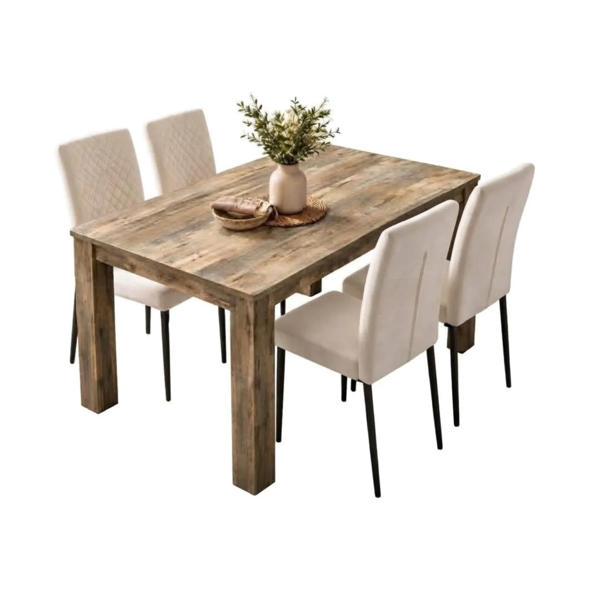 Kitchen Dining Set with Rustic Wood Effect Table and 4 Cream High Back Diamond Stitch Velvet Chairs - Cream – image 1