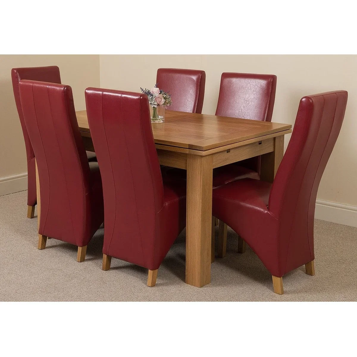 Richmond 140-220cm Oak Extending Dining Table and 6 Lola Leather Chairs - Red – image 20
