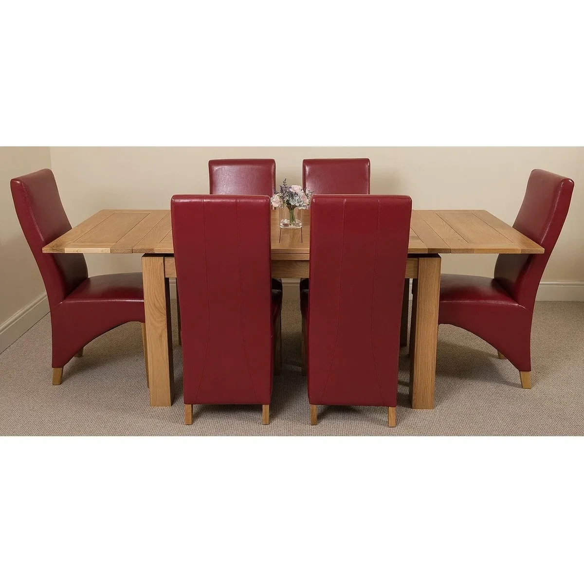 Richmond 140-220cm Oak Extending Dining Table and 6 Lola Leather Chairs - Red – image 22