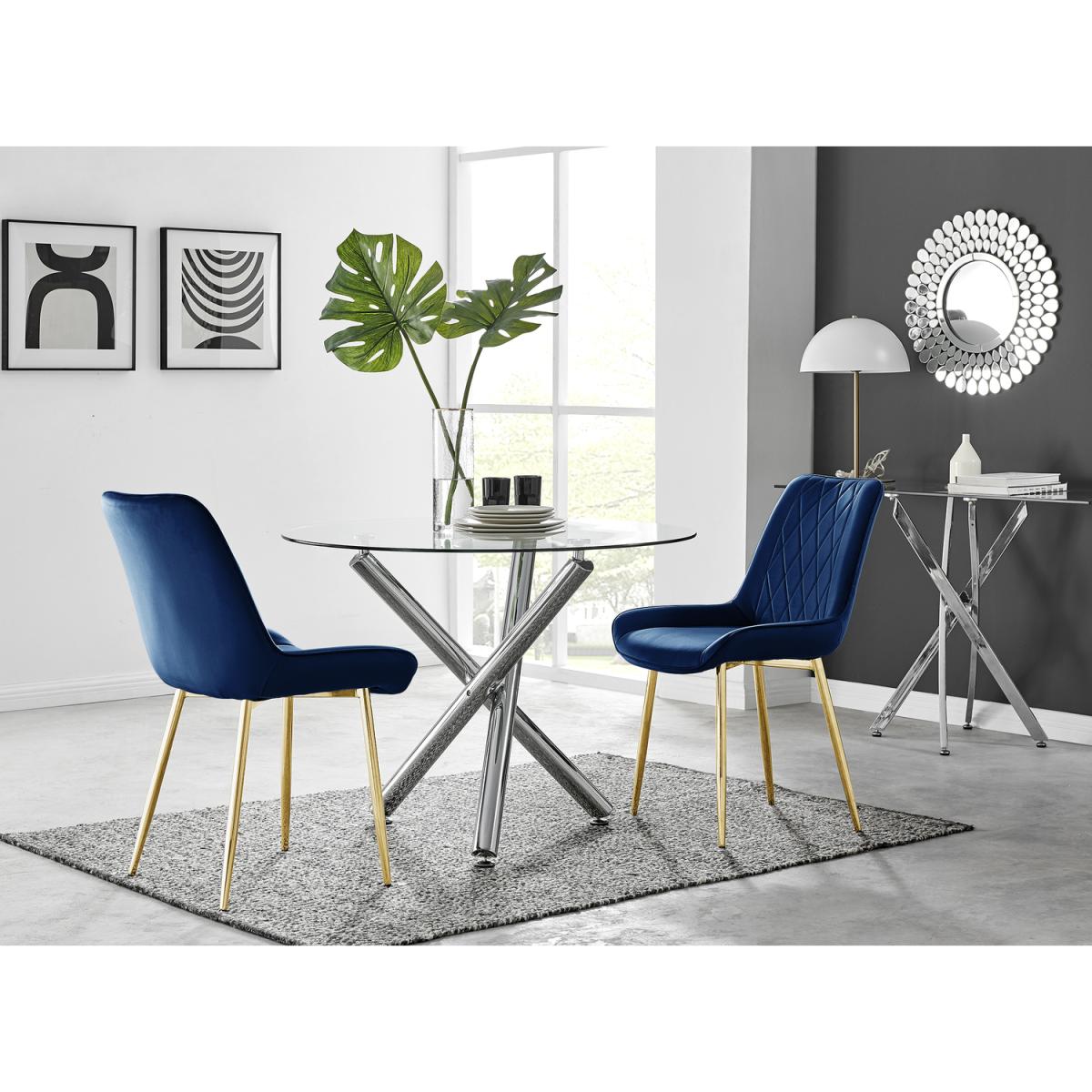 Selina Round Dining Table with Two Pesaro Gold Leg Chairs - Navy – image 47