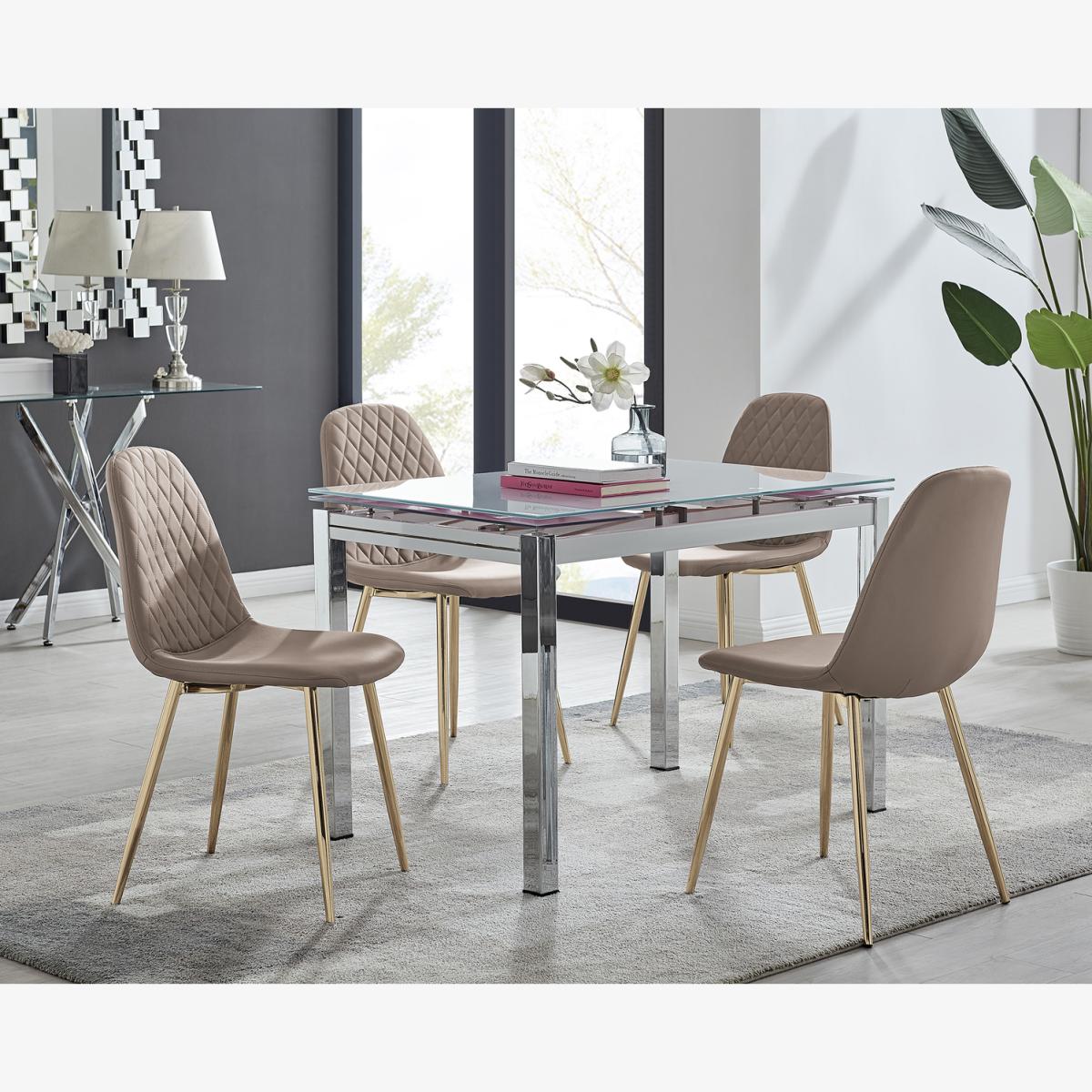 Enna White Glass Extending Dining Table and 4 Corona Gold Leg Chairs - Cappuccino