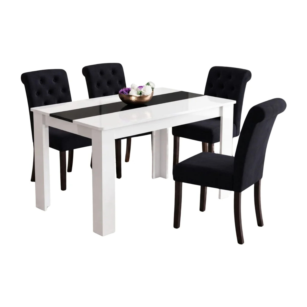 White and Black Dining Table and 4 Black Scroll Top Button Back Velvet Chairs 4 Seater Set - Black – image 1