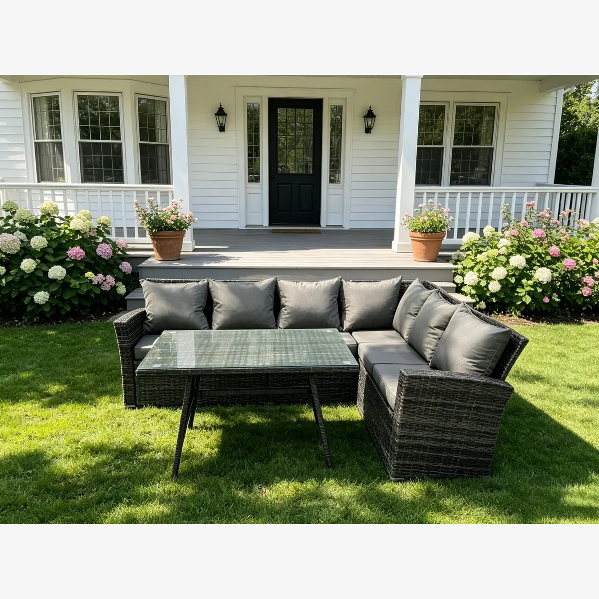 6 Seater High Back Rattan Corner Sofa Dining Set Table - Dark Grey Mixed
