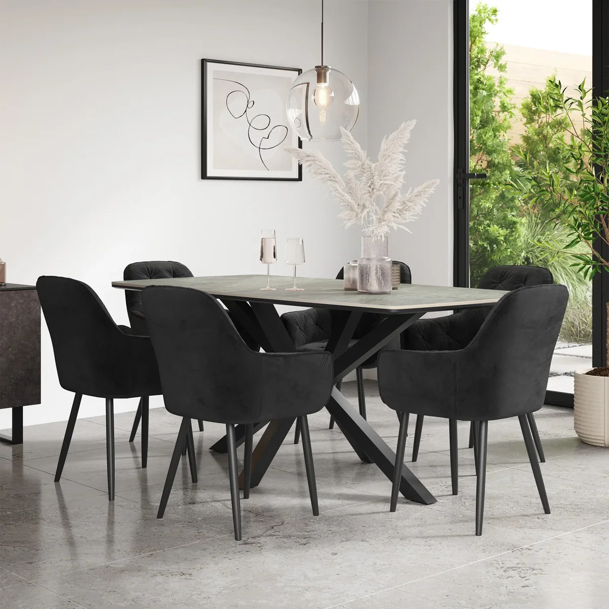 Juno Light Grey Ceramic Dining Table With 6 Anika Velvet Chairs - Black – image 1