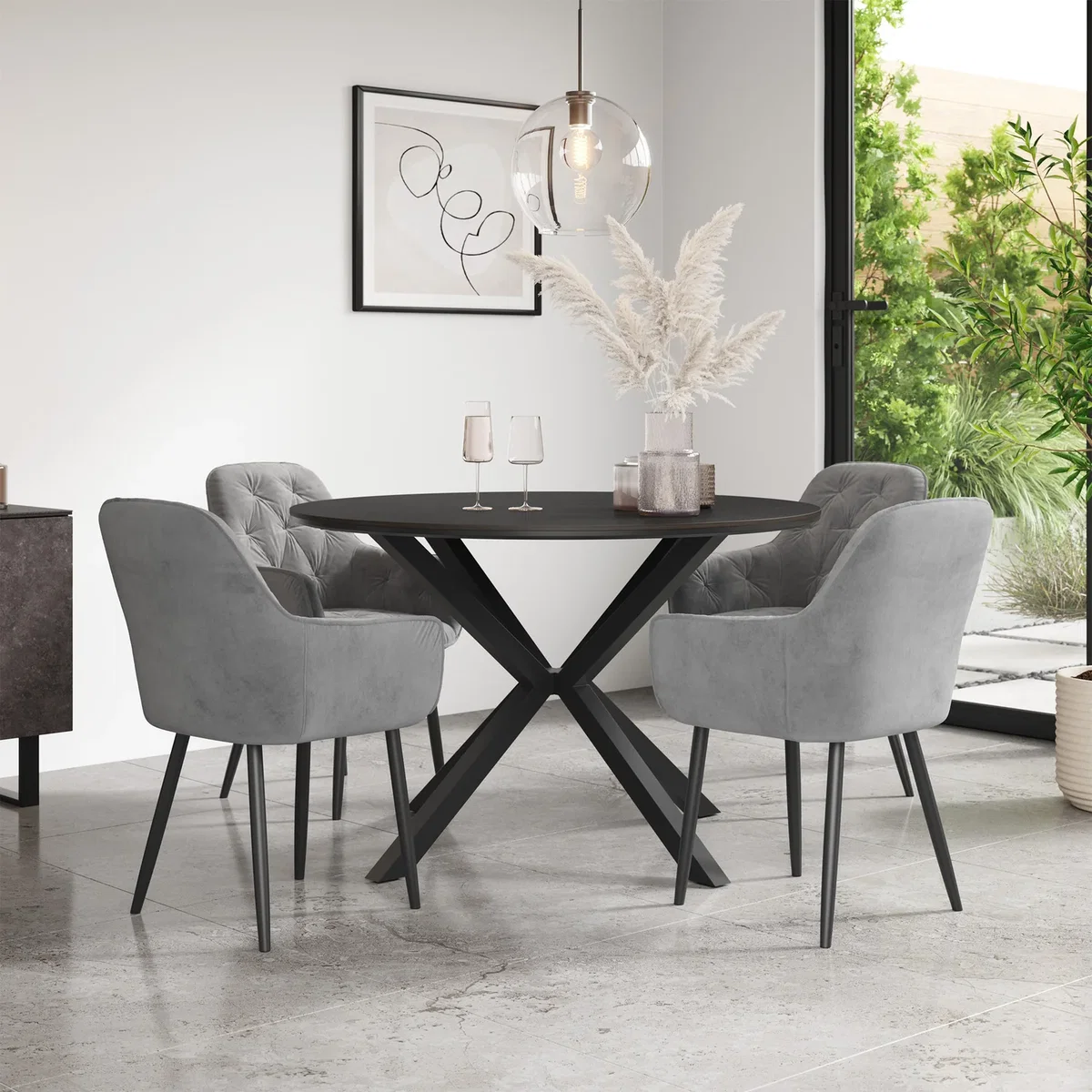 Calne Concrete Ceramic Round Dining Table With 4 Anika Velvet Chairs - Black – image 2